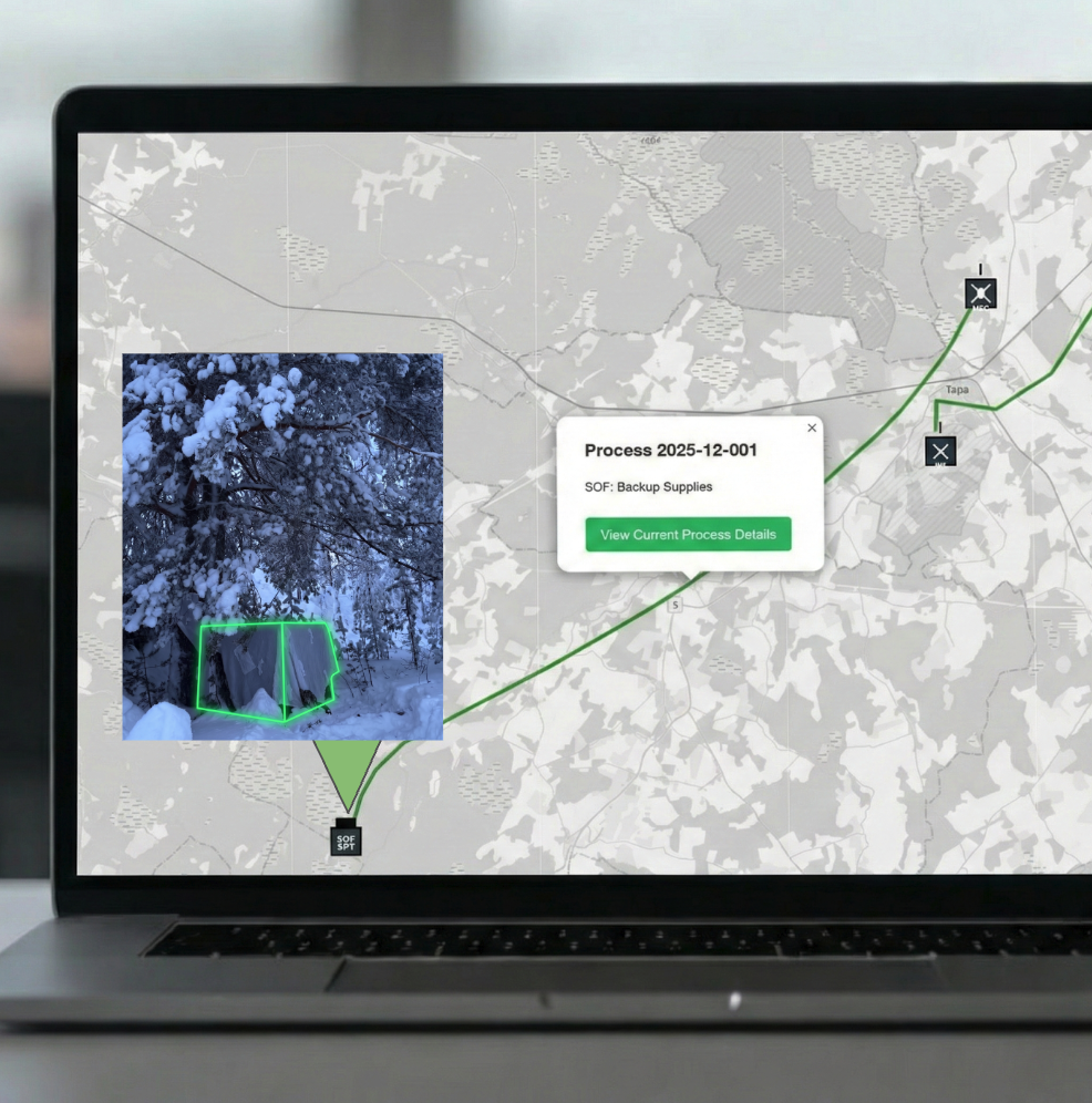 Operator laptop showing a map with a supply cache pin marker over a photo of a snow-covered tent in a forest